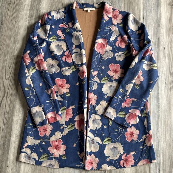 Anthropologie Solitaire Blue Floral Faux Suede Oversized Blazer Jacket Sz Large - Picture 1 of 13